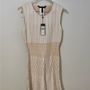 BCBGMaxAzria Cream and Tan Patterned Midi Dress